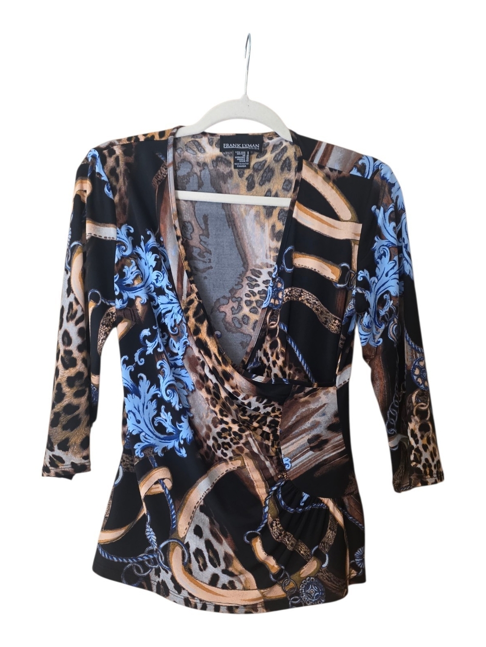 Frank Lyman Design Black & Brown Animal Print Wrap Top Size 8
